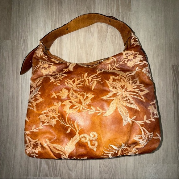 Donald J. Pliner Leather Embroidered Floral Patterned Hobo Bag in Brown Orange - Picture 6 of 16
